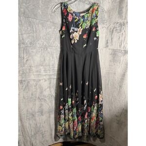 Floryday Black Floral Butterfly Chiffon Midi Dress XS NEW NWT